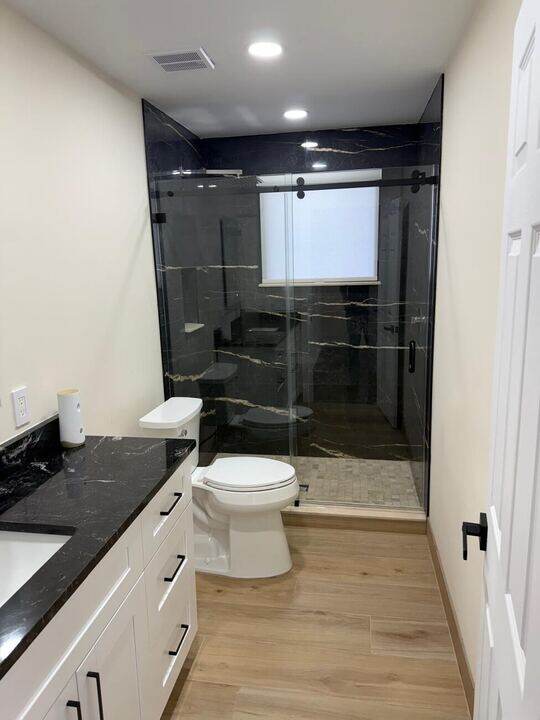 Bathroom with black tile shower